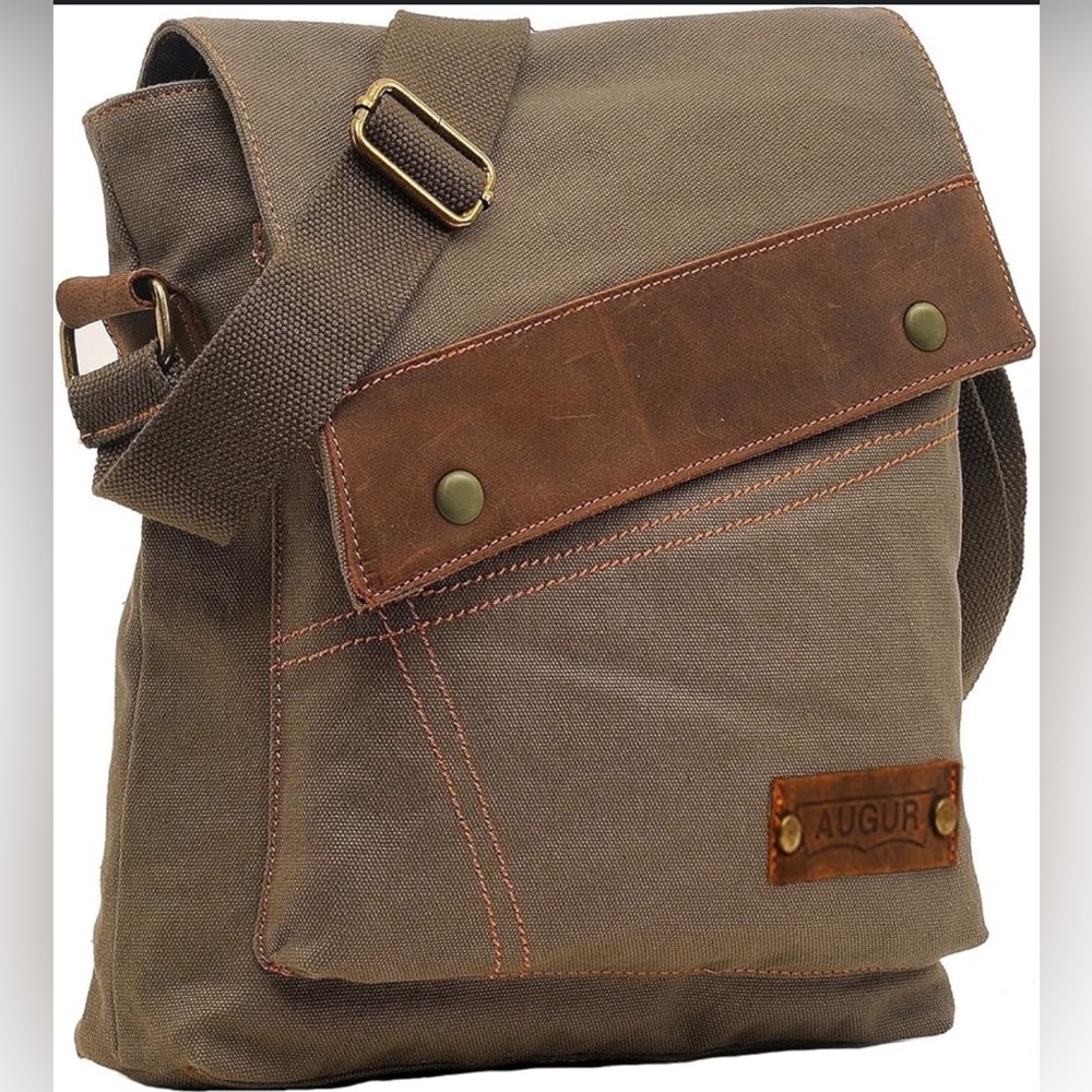 Augur Men's Brown Canvas with leather trim Messenger Bag